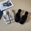 Bow flat silver wedge heels slippers girls school slippers new one-word satin square head summer