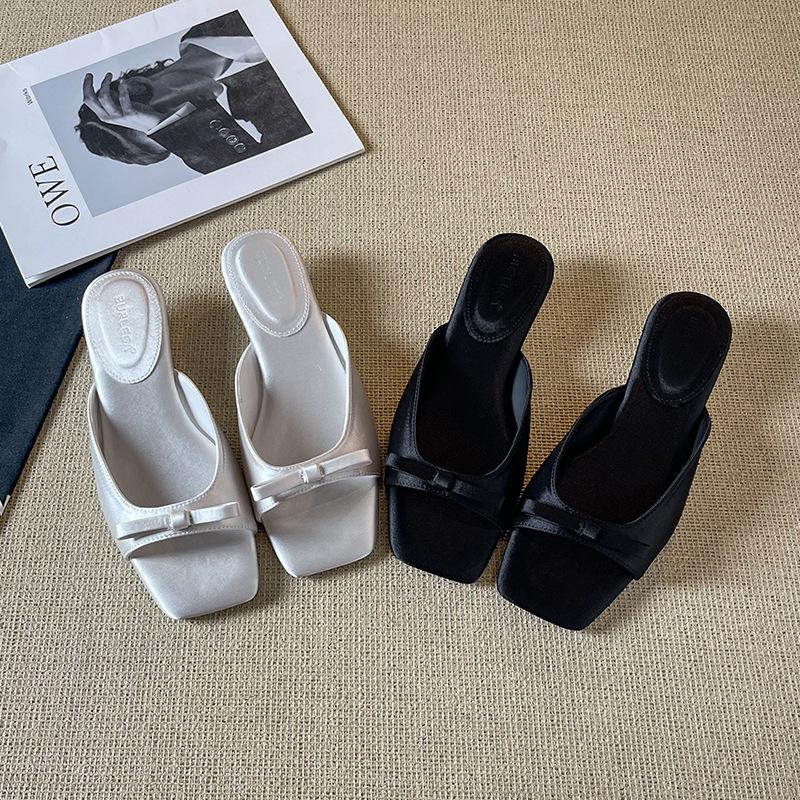 Bow flat silver wedge heels slippers girls school slippers new one-word satin square head summer