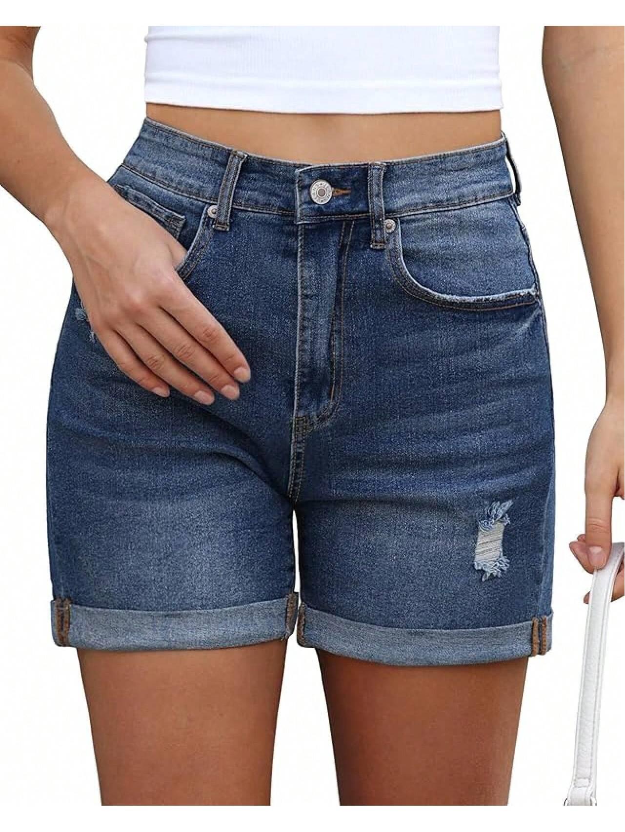 Women s Summer Slim-Fit Rolled Hem Ripped Denim Shorts S