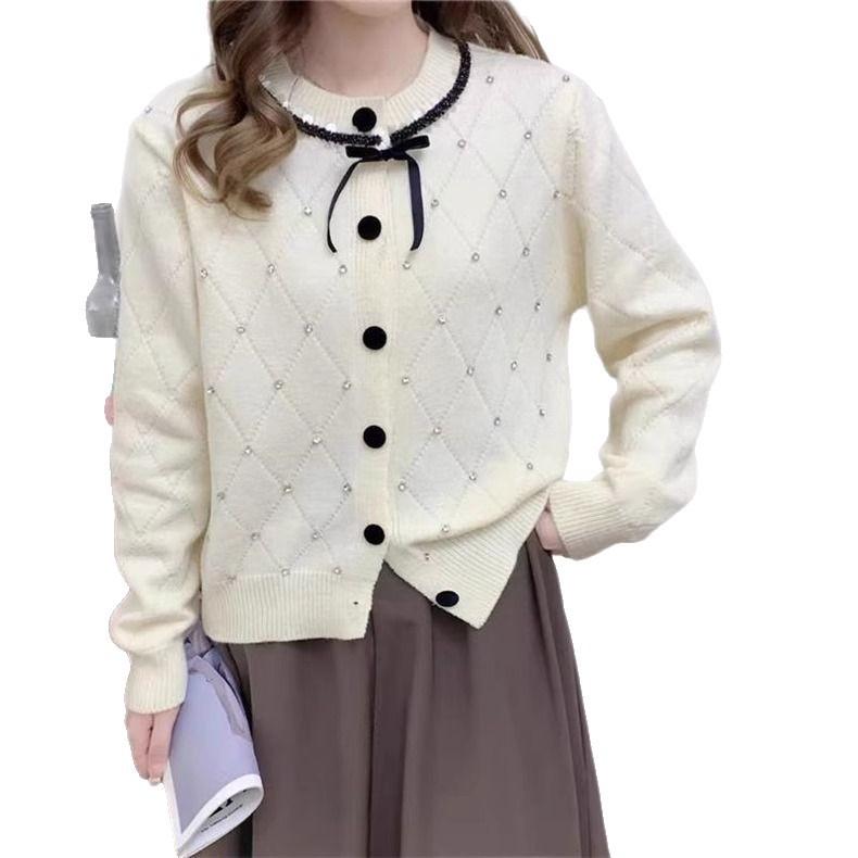 Autumn and Winter Xiaoxiangfeng Knitted Top Cardigan Sweater Fashionable Foreign Style Age-reducing Women's Clothing Bow Bead Jacket