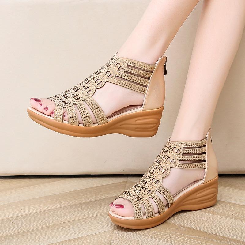 Large size sandals rhinestone wedge heel hollow fish mouth sandals women's spring and summer new hollow flat-soled thick-soled women's shoes