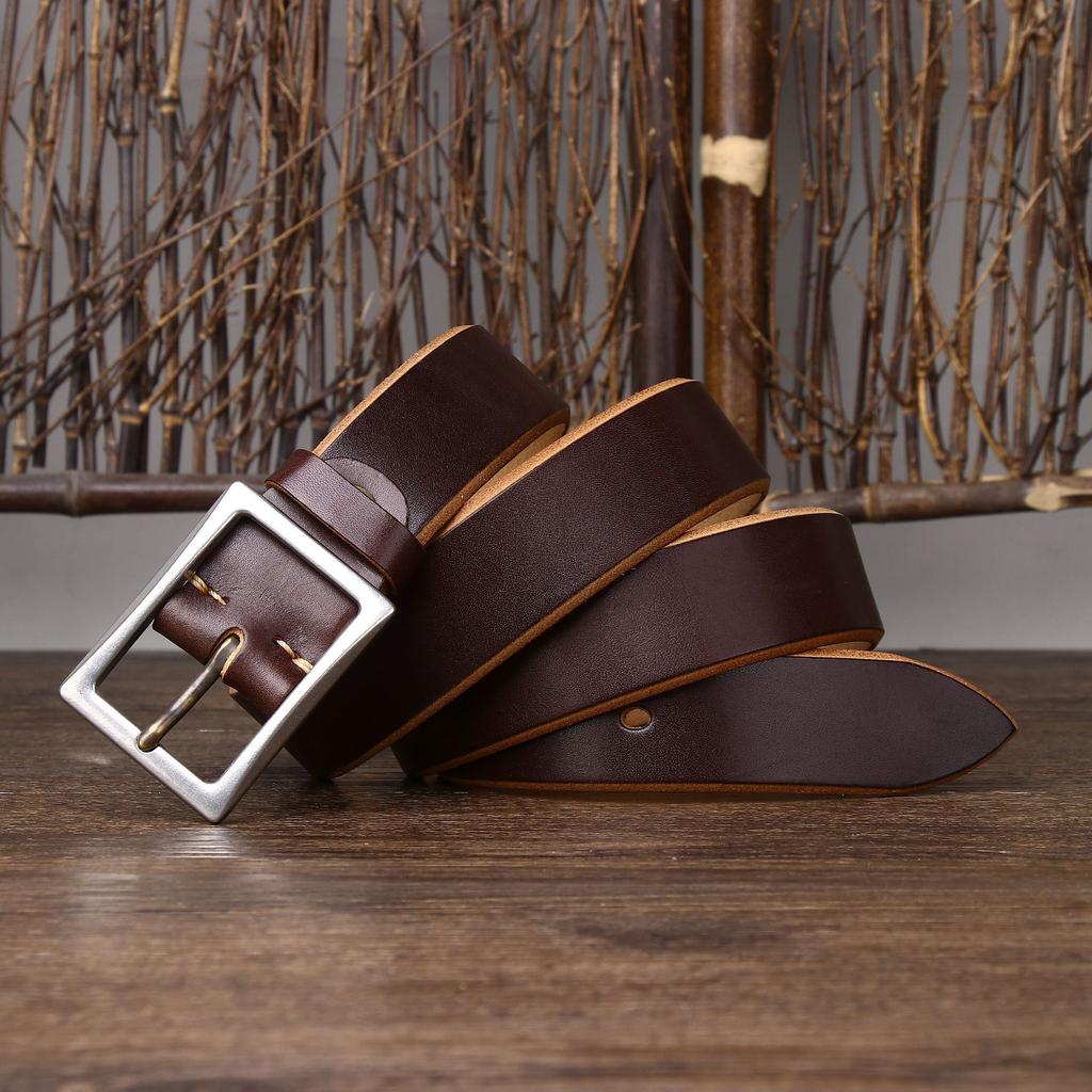 Belt Men's Stainless Steel Buckle Tea Core Leather Thickened First Layer Leather Simple All-Match Casual Jeans Belt Men's