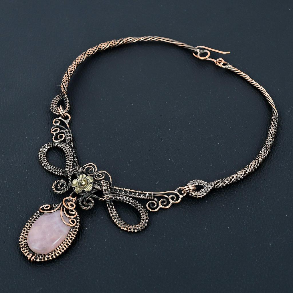 Rose Quartz Necklace Handmade Jewelry, 999 Copper Wire Wrapped Necklace Designer Gemstone Jewelry Adjustable Chain Necklace Gift For Mom