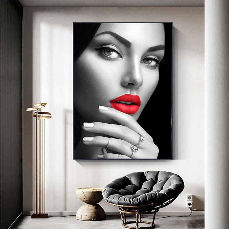 Pintura em tela de lábios vermelhos, pôsteres e impressão de arte de parede para decoração de sala de estar e casa
