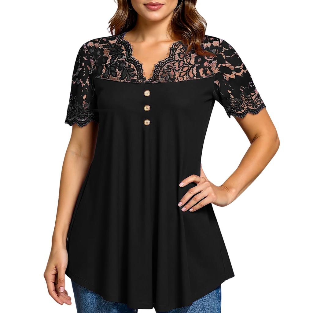Women's Solid Color Lace V-neck Short Sleeved Casual Top