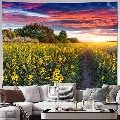 Sunset Yellow Flower Field Landscape Wall Tapestry Machine Washable All Season Decor Print Nature Scenery Design Home Nontoxic