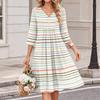 Women's Striped Print V-Neck Three-Quarter Sleeve Casual Dress
