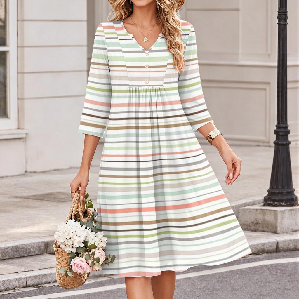 Women's Striped Print V-Neck Three-Quarter Sleeve Casual Dress