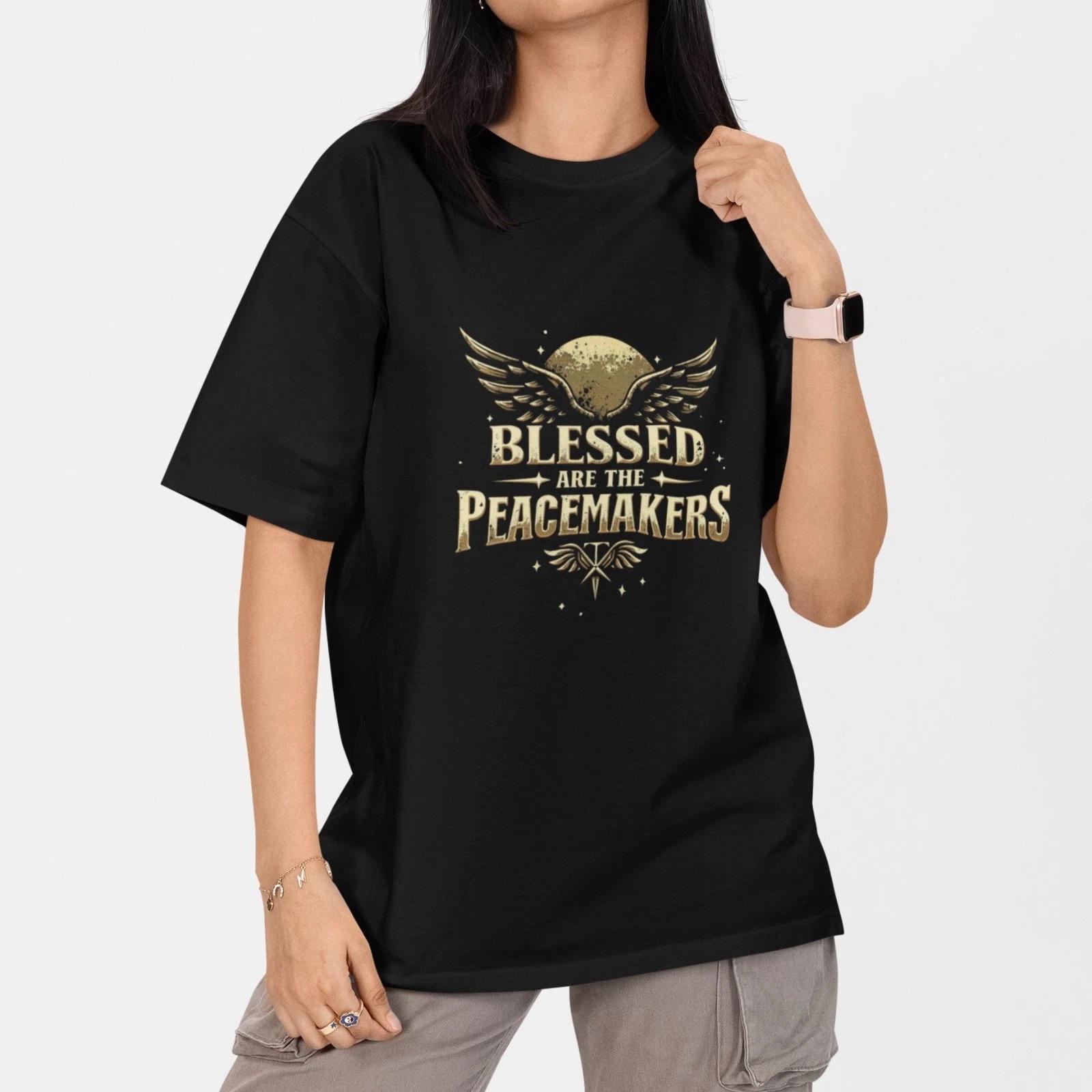 Blessed Are The Peacemakers Angel Wings Christian 100% Cotton Black T-Shirt L