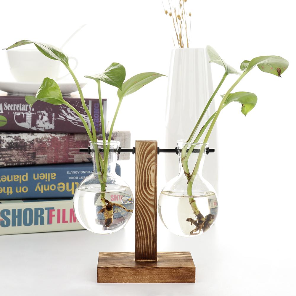 Hydroponic Vase with Wooden Stand Retro Glass Bulb Plant Propagation Station for Home Decoration 2 Containers