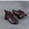 Johnature Genuine Leather Hand Woven Thick Heel Ankle Boots Retro Soft Sole Versatile Women's Shoes