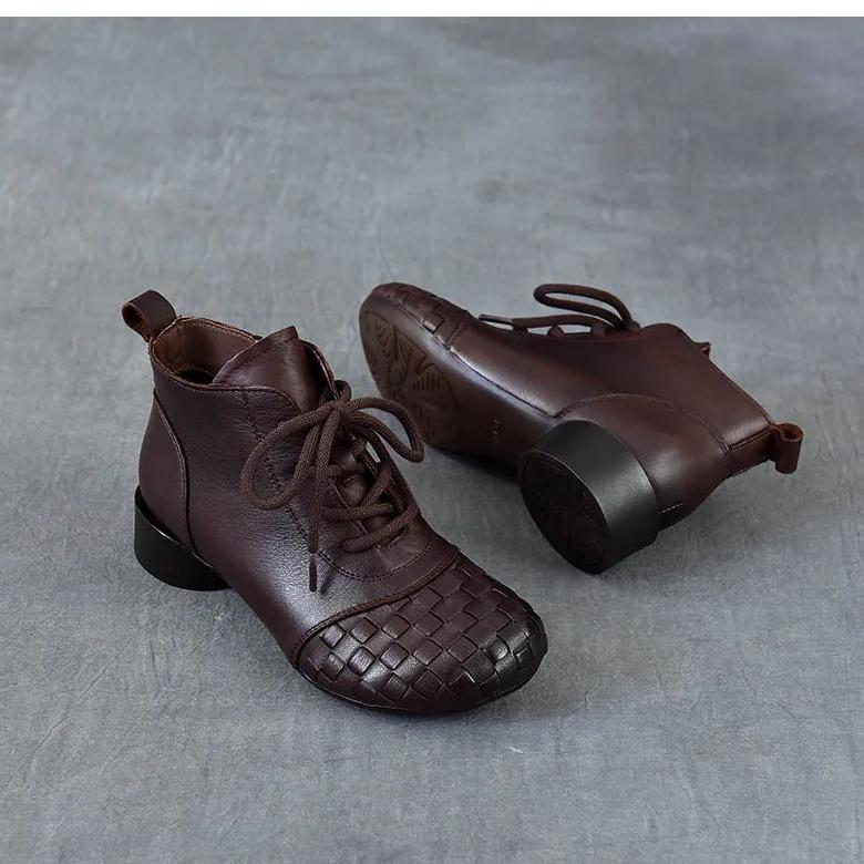 Johnature Genuine Leather Hand Woven Thick Heel Ankle Boots Retro Soft Sole Versatile Women's Shoes