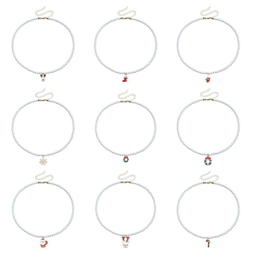 Cartoon Christmas Necklace Clavicle Chain Cartoon Pendant Choker Vintage Pearl Chain Girl