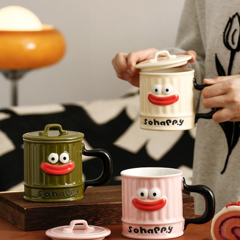 Cartoon Big Mouth Mug Smiling Face Cute Ceramic Cup with Lid Small Gift Couple Water Cup High Temperature Resistance Cup Student