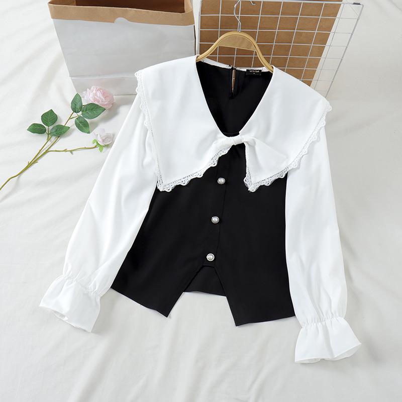 

VONDA женские осенние блузки с длинным рукавом и кружевом с лацканами контрастного цвета 2XL чёрный