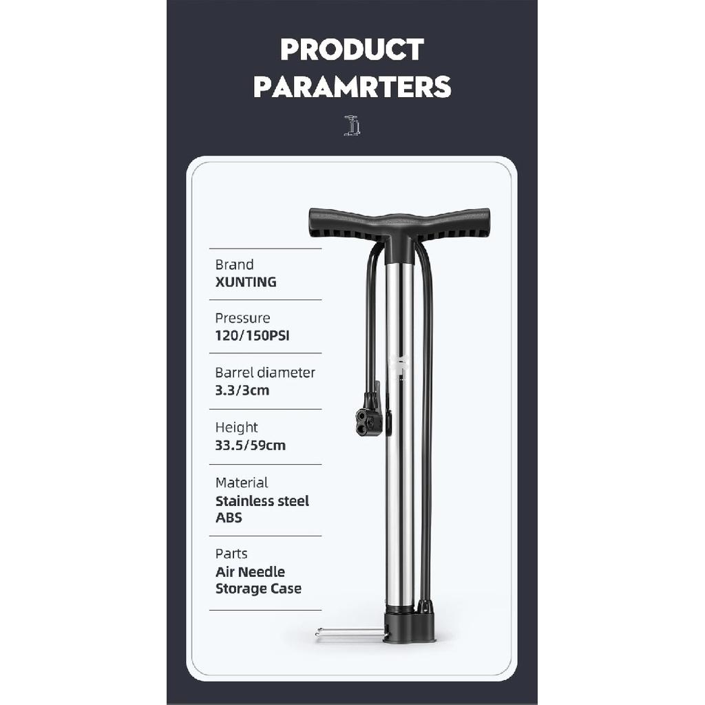 Xunting Bike Floor Pump MAX 130PSI Powerful and Ergonomic Inflator for Road and MTB Bikes - Schrader and Presta Valve Compatible