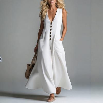 Women's Sleeveless V Neck Maxi Dress Casual Button Front Solid Long Dress with Pockets