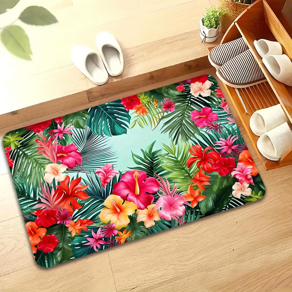 1pc 2D Flat Tropical Hibiscus Palm Leaves Vibrant Colors Flannel Door Mat Non Slip Summer Jungle Rug For Entryway Poolside Floor