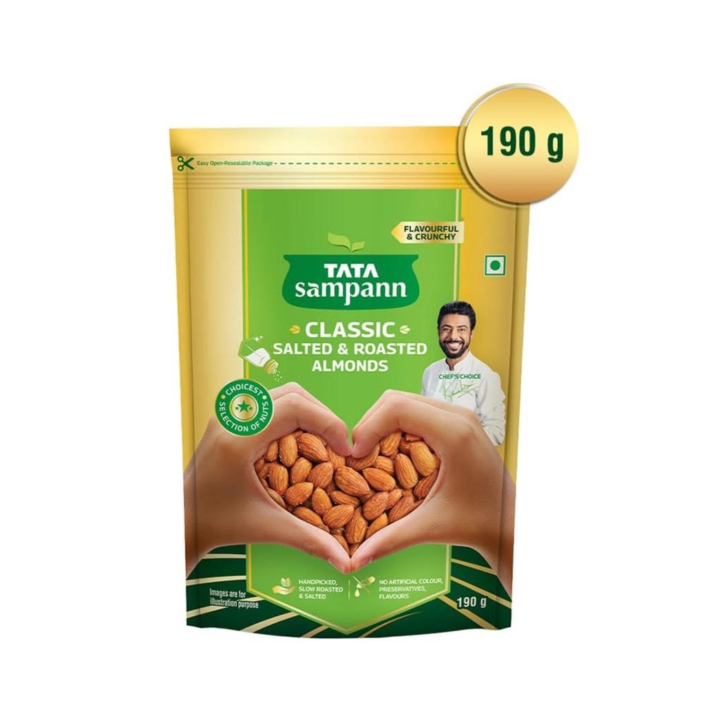 Tata Sampann Classic Salted & Roasted Almonds/Badam, Flavourful & Crunchy Snack, Handpicked, Salted & Slow Roasted Almonds, Rich In Protein, Magn