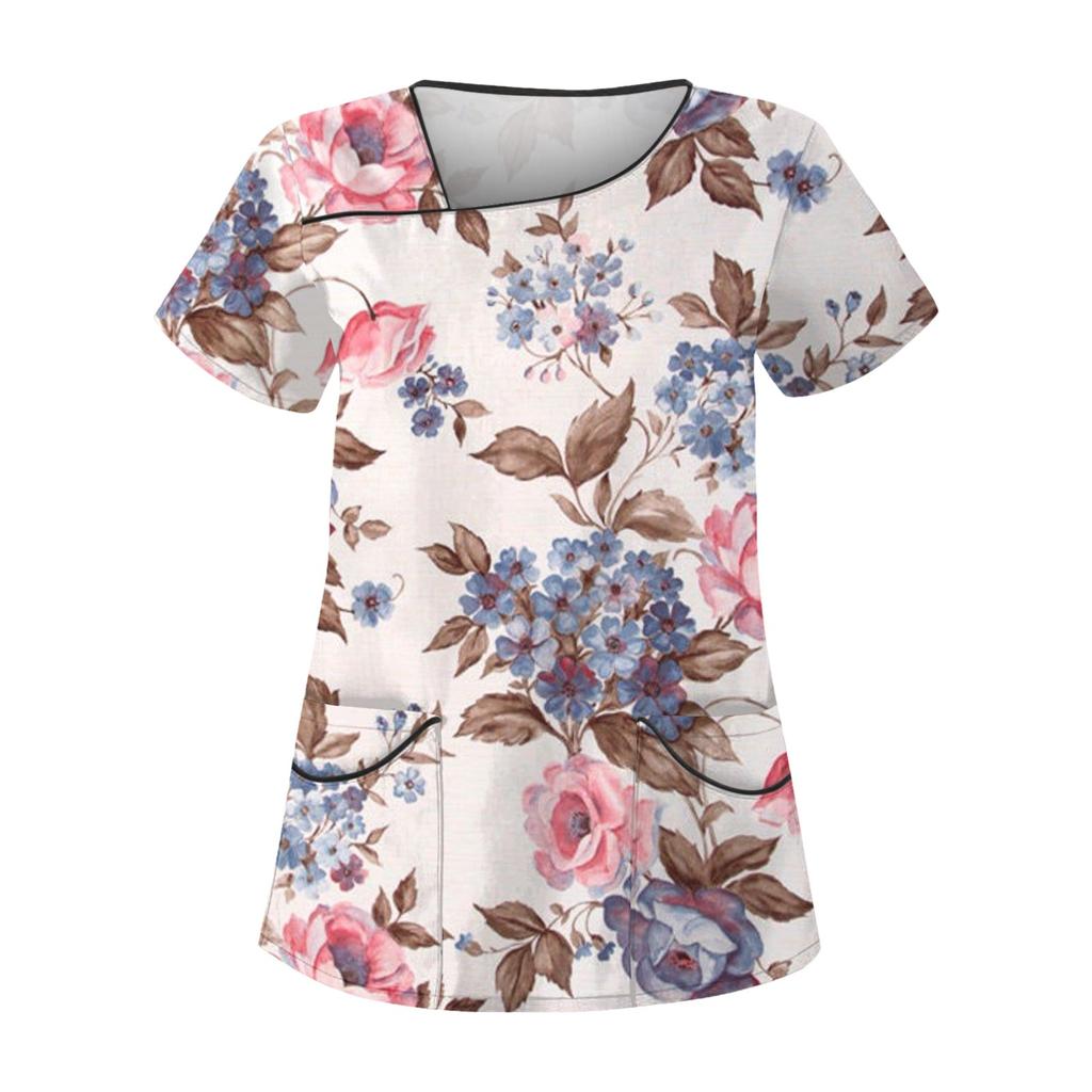 Women's Casual Printed Short Sleeve Workwear With Double Pocket Top