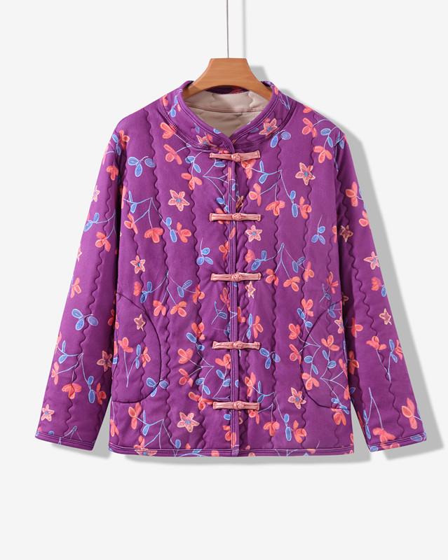 

Теплая хлопковая куртка с цветочным флисовым подкладом: Большой размер, Длинный рукав, Воротник-стойка, Застежка-лягушка, для Осени/Зимы XXL