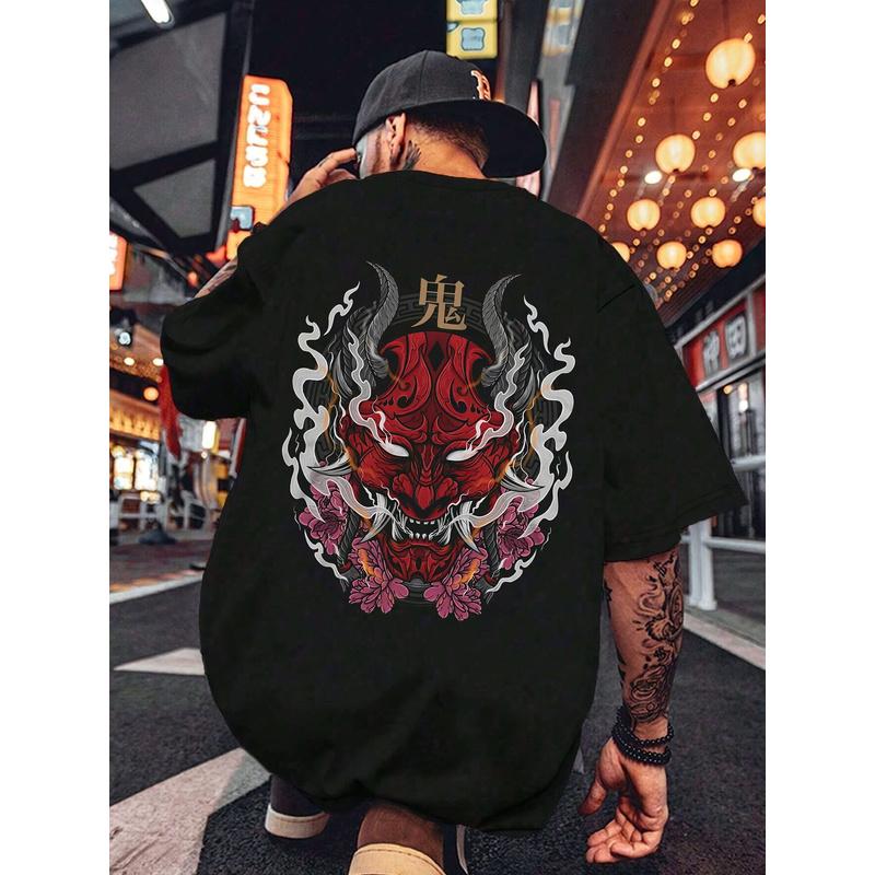 Men'S 180gsm Heavyweight Graphic T-Shirt - Bold Red & Black Geometric Print, Casual Round Neck Tee for Summer, Comfortable & Stylish, Everyday Tshirt