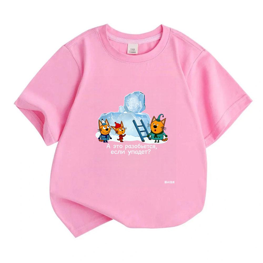 Kids Boys Girls 100% Cotton Crew Neck Short Sleeve T-Shirt, Cute Cartoon Cats Ice Block Printed Casual Soft Summer Tee for Children Daily Wear