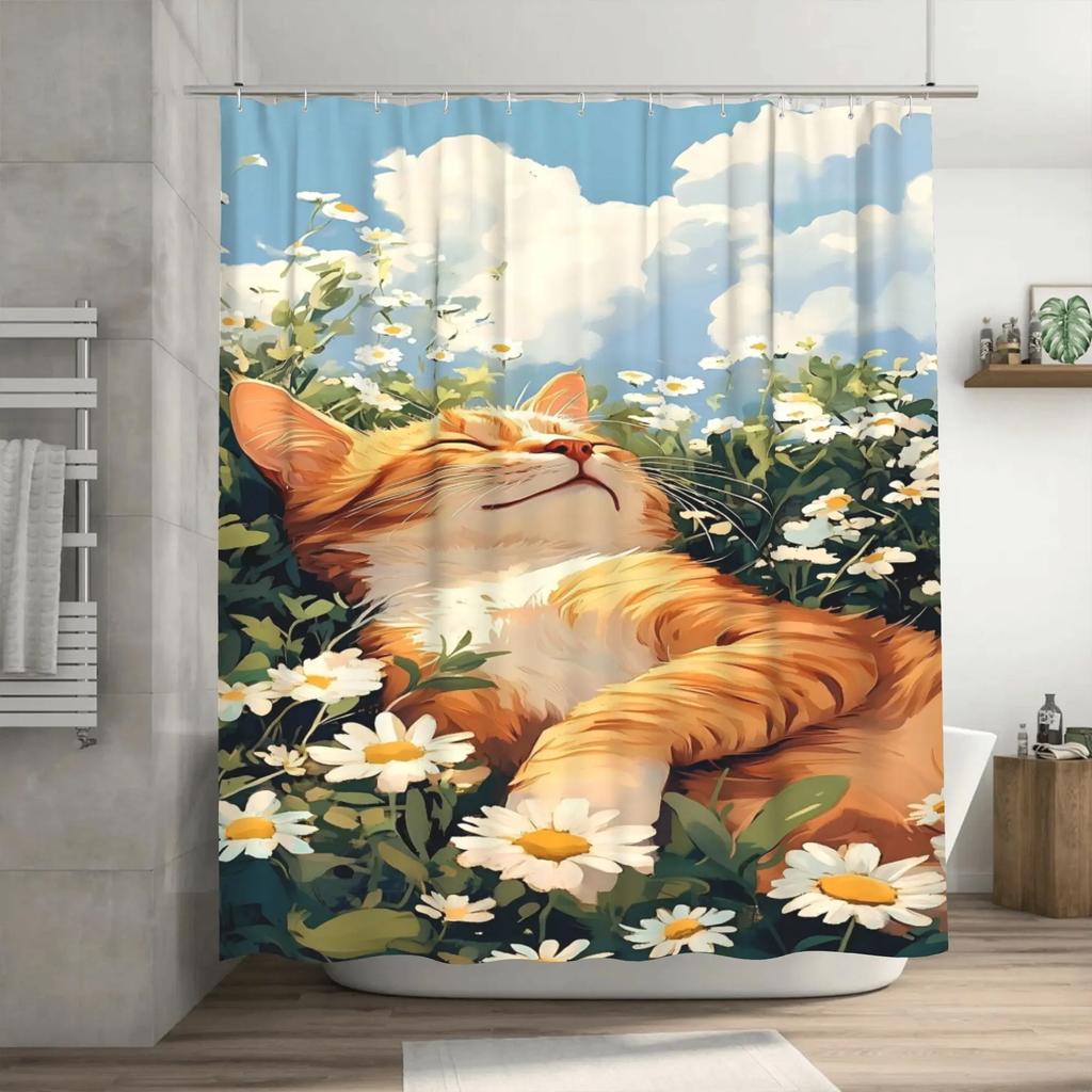 Charming Cat In Daisy Field Waterproof Shower Curtain - Serene Nature Design, Easy To Clean, Durable Fabric for Bathroom Decor