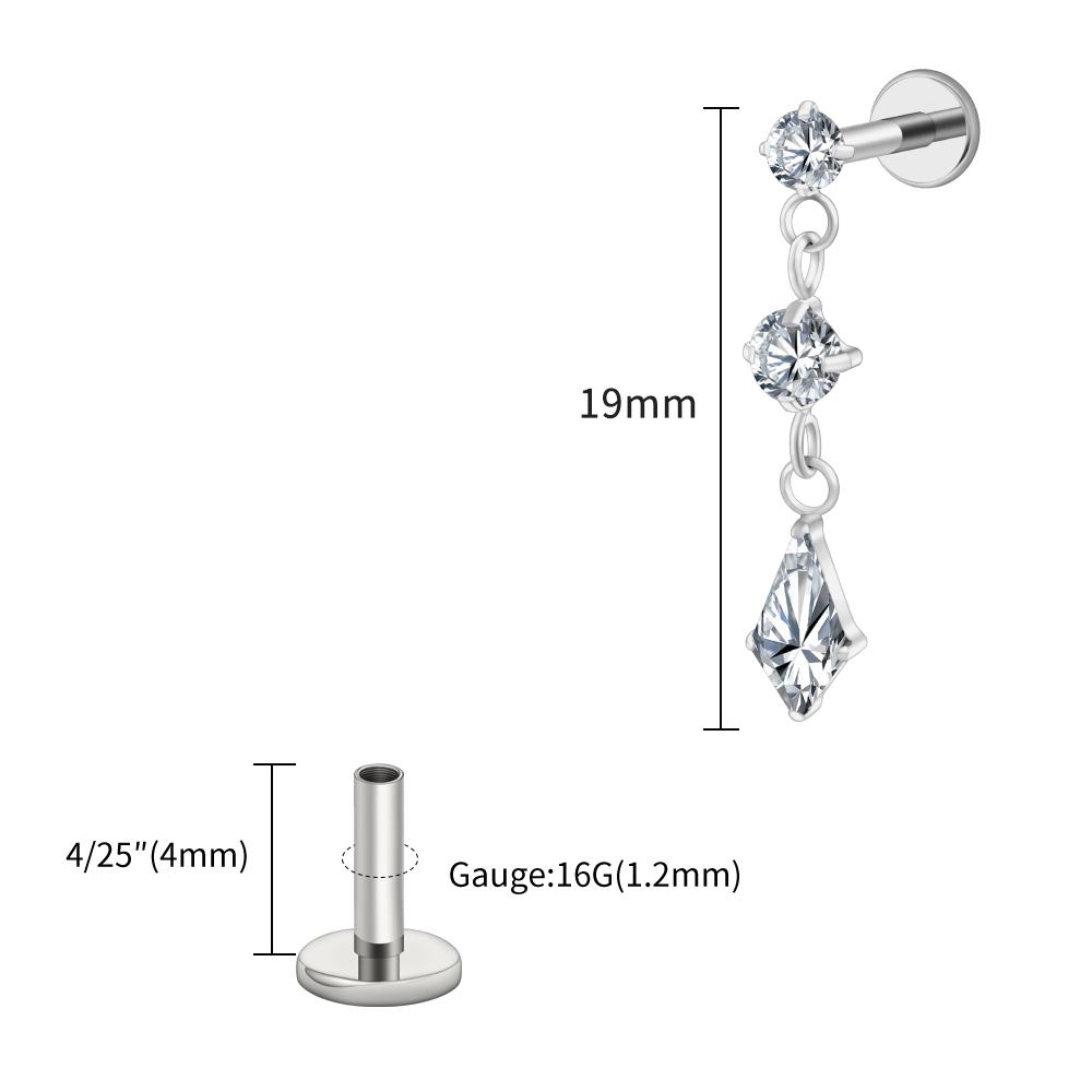 Right Grand ASTM F136 Titanium Dangling CZ Drop Piercing 16G Dangle Chain Kite Shape Cartilage Helix Stud Flat Back Earring