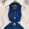 Retro Sleeveless A-Line Denim Dress with Turn-Down Collar and Cutout Waist