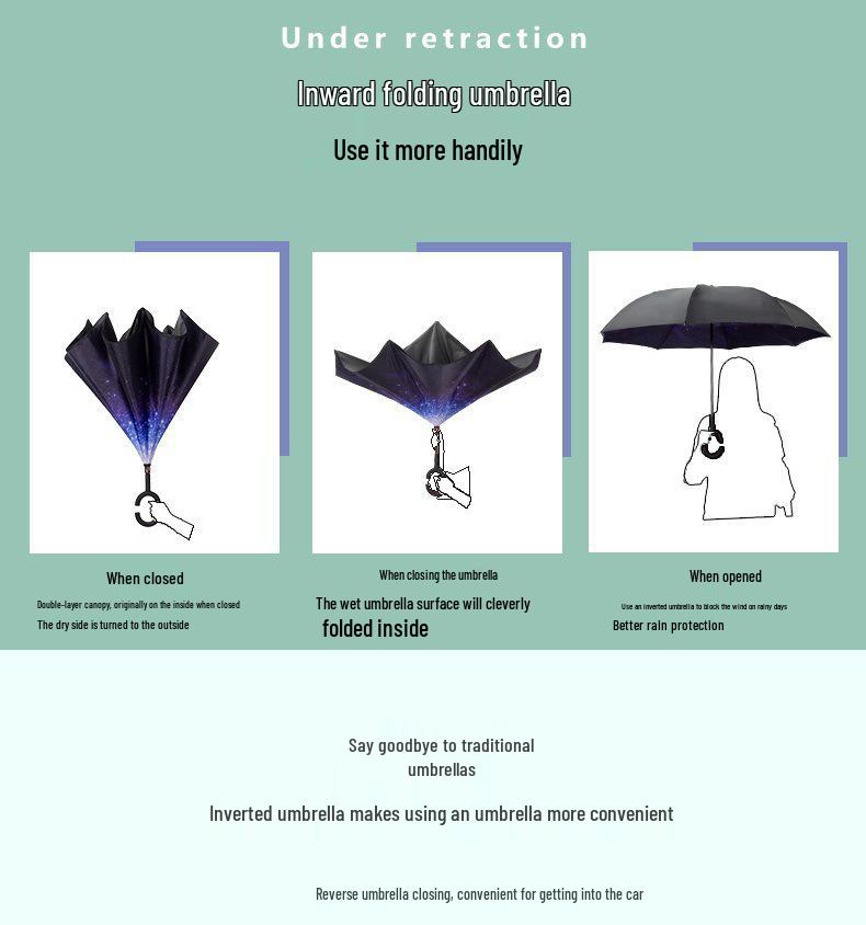 Custom Reverse Car Umbrella with Hands-Free C-Shaped Handle - Business Long Handle Umbrella with Logo Print for Men