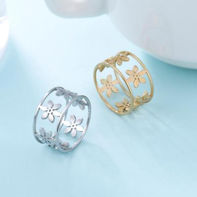 Romantic Flower Finger Ring Stainless Steel Wide Hollow Women Casual Rings Jewelry Engagement Anniversary Gift