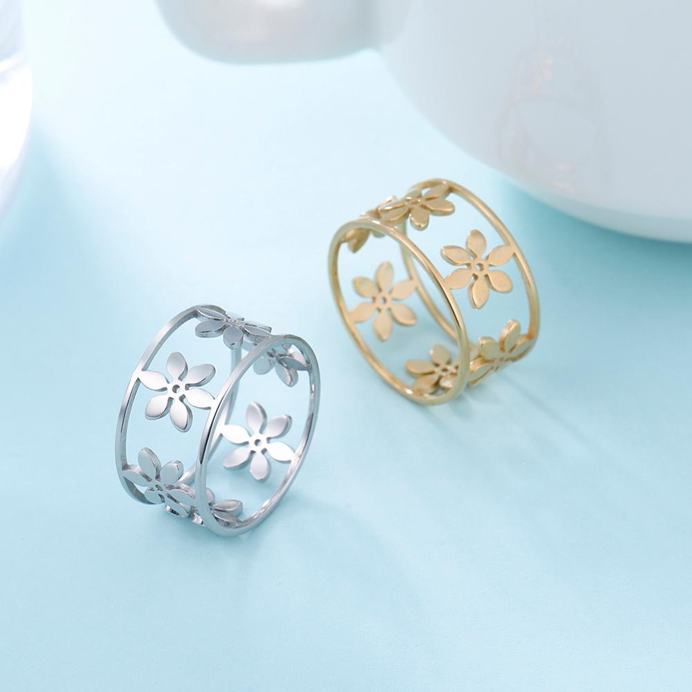 Romantic Flower Finger Ring Stainless Steel Wide Hollow Women Casual Rings Jewelry Engagement Anniversary Gift