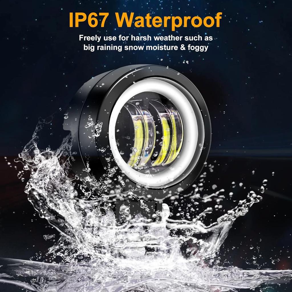 Biqing Motorcycle Fog Lights with Cut Lines, 12V/24V, LED, IP68 Waterproof, Auxiliary Light, 50,000 Hours Lifespan (White + Amber)