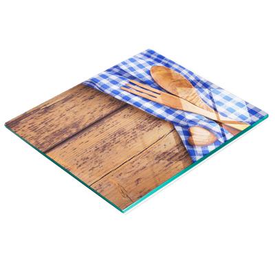 Tempered Glass Kitchen Board with Graphics and Wooden Cutlery 60x52 Cm