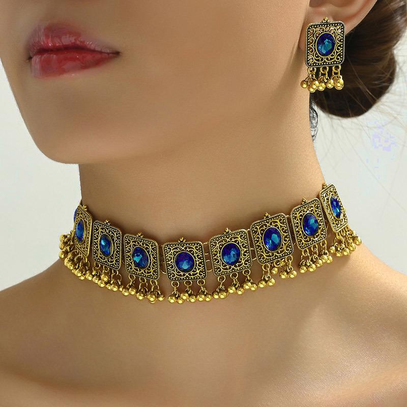 Southeast Asia Indian Ethnic Gemstone Beaded Earrings and Necklace Set