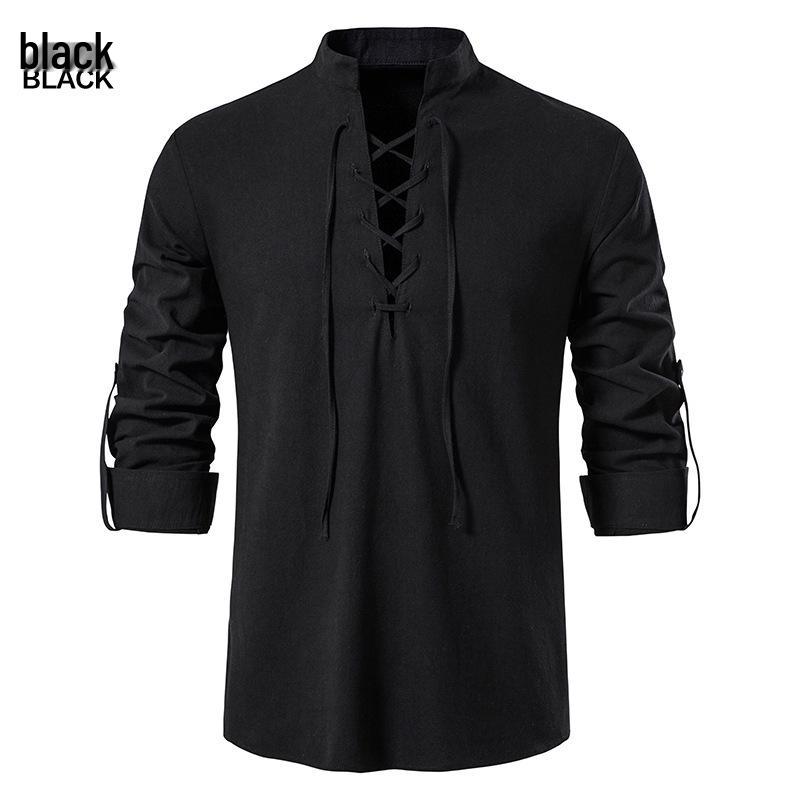 

2024 Men s Cotton Henley Hippie Casual Beach Long Sleeve Stand-Up Collar Shirt A275 3XL чорний