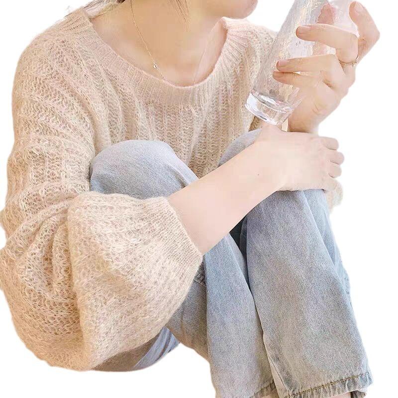 Spring and autumn new mohair V-neck loose lazy style knitted thin pullover hollow sweater top wear women