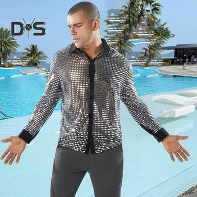 Men Shirt Club Party Disco Shirt Shiny Glossy Slim Fit Sequin Lapel Single Breasted Long Sleeves Vinatge 70s Men Performance Shirt