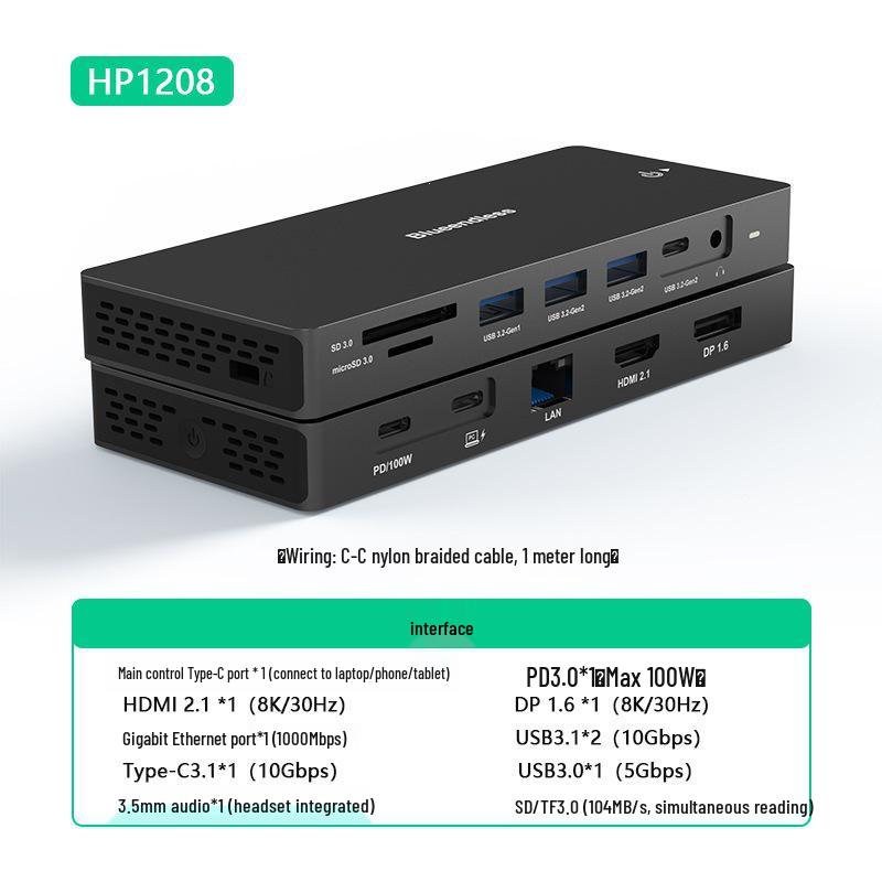 8K USB-C Docking Station: HDMI, DP, Gigabit Ethernet, 10G USB Splitter, Laptop Expansion Dock.