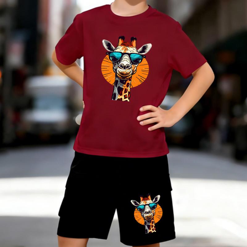 Boys 2 Piece Cool Giraffe Print Outfit, Short Sleeve T-Shirt and Shorts Set for Kids Age 5-14,Black ,White Sporty Casual Summer Clothes