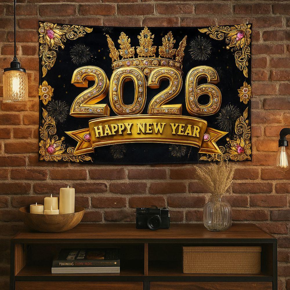 Black Gold 2026 New Year Banner Firework Balloons Photo Background Party Backdrop Photo Studio