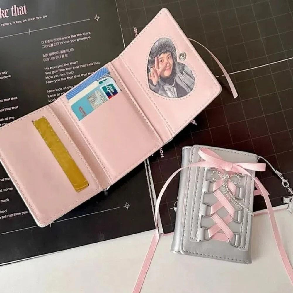 Korean Style Balletcore Pocket Purse Wallet Crystal Crossover Strap Three Fold Wallets  Girls