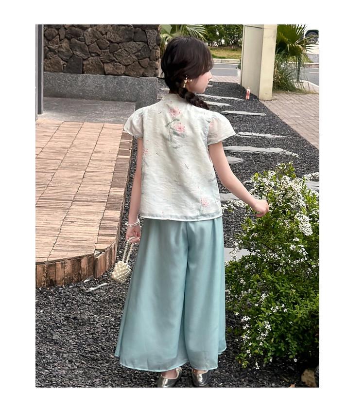 Mädchen Sommer 2026 Chinesischer Stil Hanfu Set: Oberteil mit Stehkragen & Hose mit weitem Bein