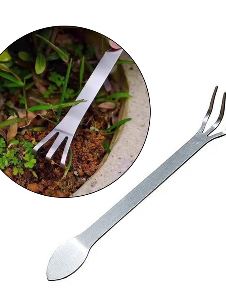 Dual-Headed Stainless Steel Bonsai Rake for Soil Loosening & Bud Picking in Flower Pots