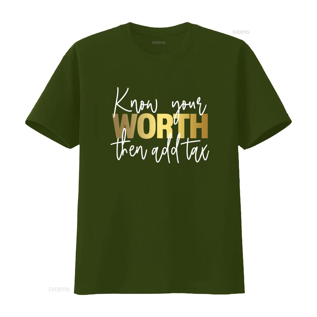 Streetwear Funny Know Your Worth Slogan Gold Print Casual T Shirt vintage Washed Soft Breathable Comfortable