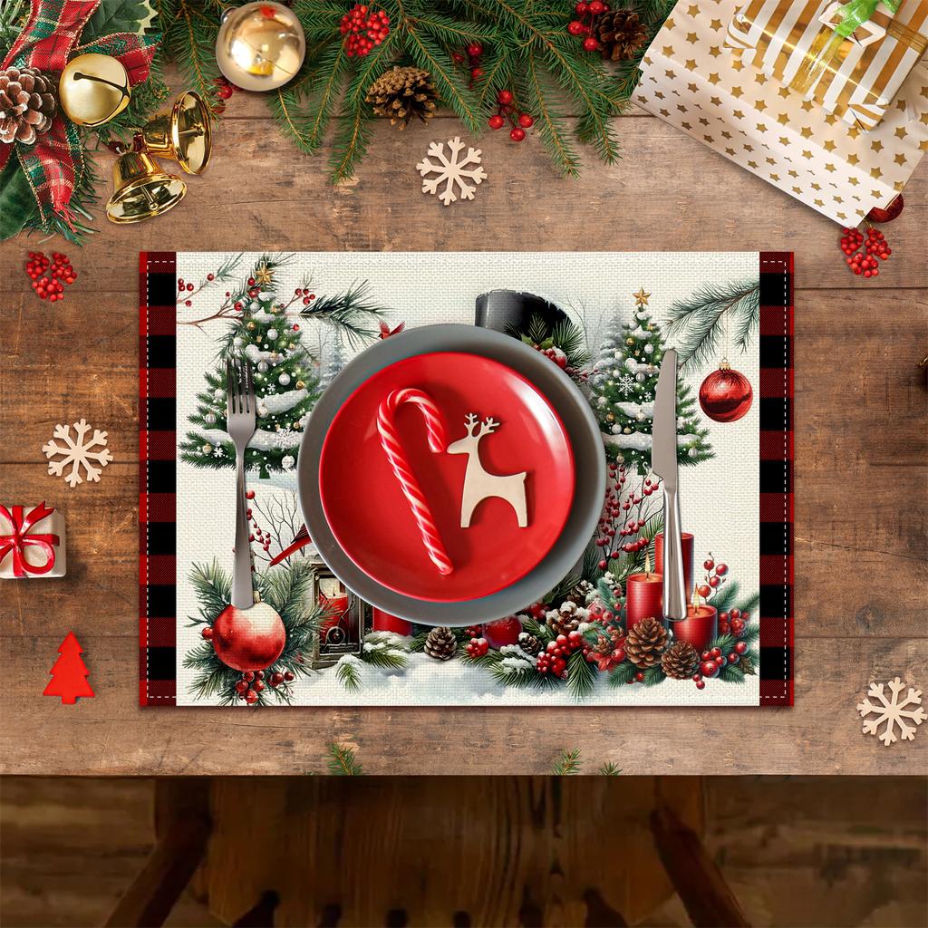 4 or 6pcs Plaid Christmas Placemats Suitable for Kitchen Dining Table - Rectangular Red & Winter Table Mats with Pine Branch, Berries, Pinecones,
