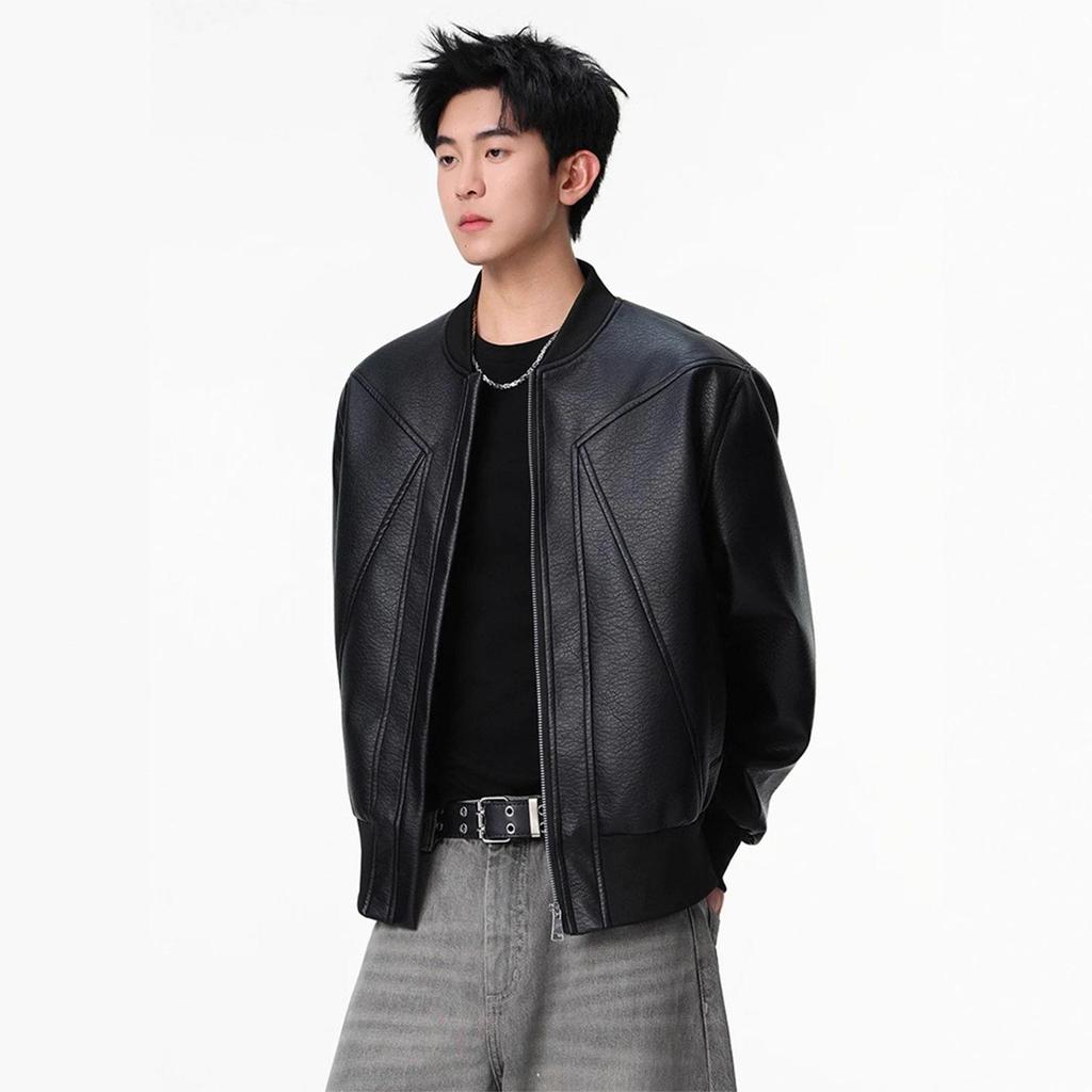Baseball Collar Leather Jacket Mens Autumn Lining Short Pu Leather Motorcycle Jacket