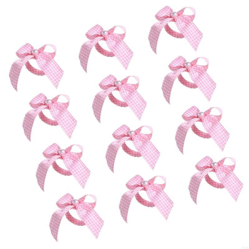 12Pcs Striped Bowknot Tie Napkin Rings Satins Fabric Pearls Embellishment Dining Table Decoration Desktop Accessories HX6C