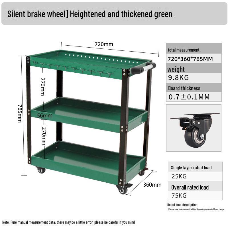 "Green Forest Utility Cart: Three-Layer Tool Trolley & Flatbed for Auto Repair & Beauty Supplies"